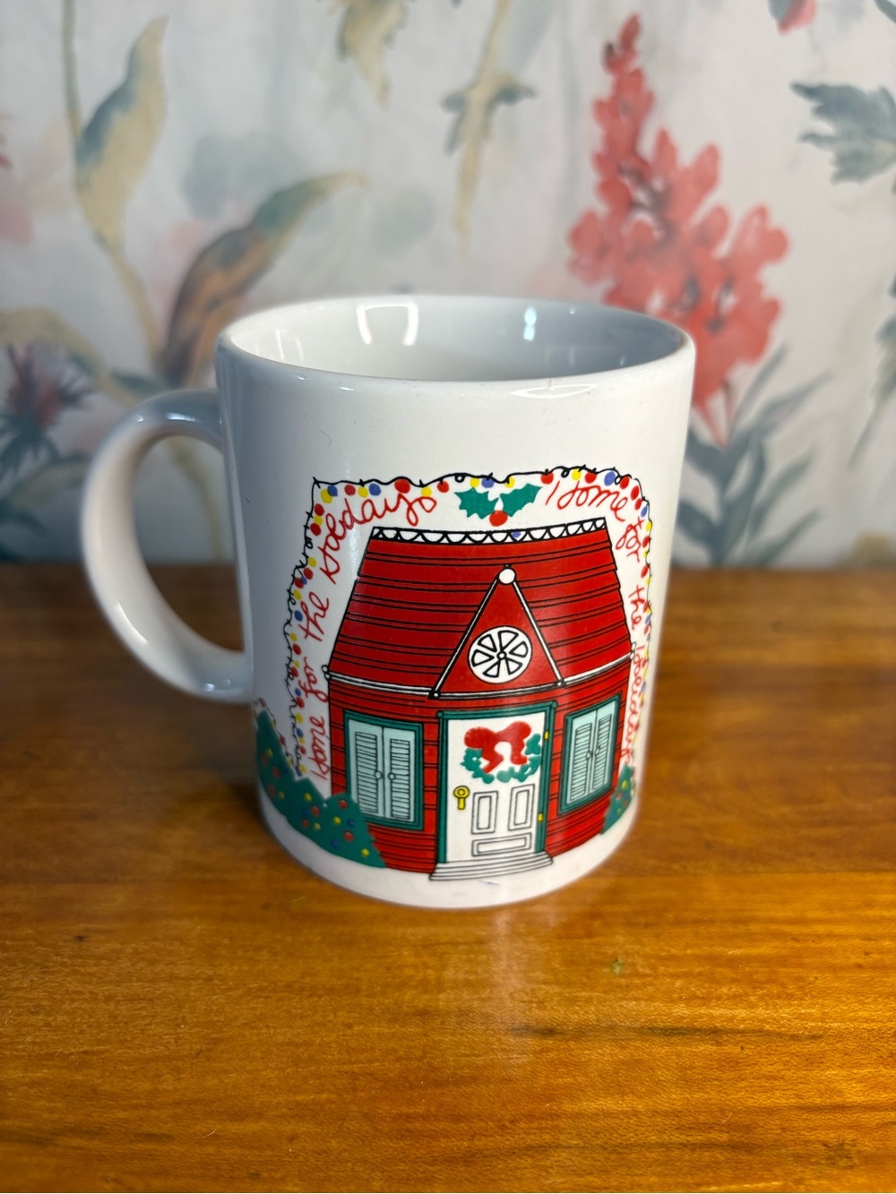 Vintage White Ceramic Holiday House Mug with Red Accents
